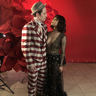 Reeve Carney and Eva Noblezada share a moment dressed to the nines on opening night